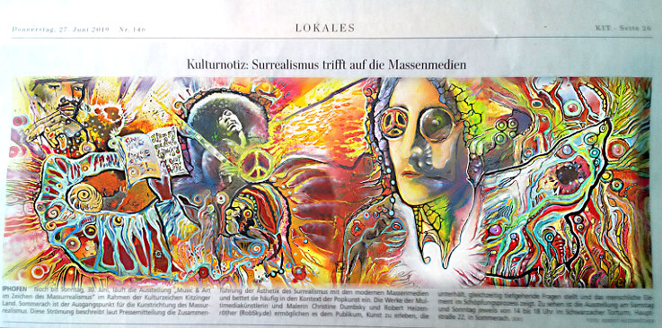 Presse Massurrealismus massurrealism robsky christine dumbsky robert heizenr�ther, music and art, we paint a song, wir malen songs/lieder woodstock, bob dylan, jim morrisin, janis joplin, carlos santana, hendrix, john lennon, rod stewart, herbert gr�nemeyer, frank zappa, imagine, light my fire, samba pa ti , desire, titties and beer, free, all right now, prince purple rain, under pressure david bowie, freddy mercury queen, we will rock you, bob dylan knockin on heavens door in memory of kurt
